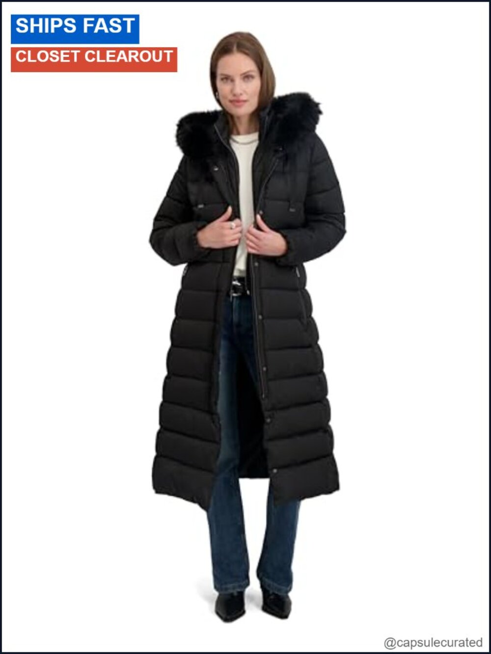 Tahari Nellie Maxi Quilted Puffer Coat Faux Fur Hood Bib Winter
